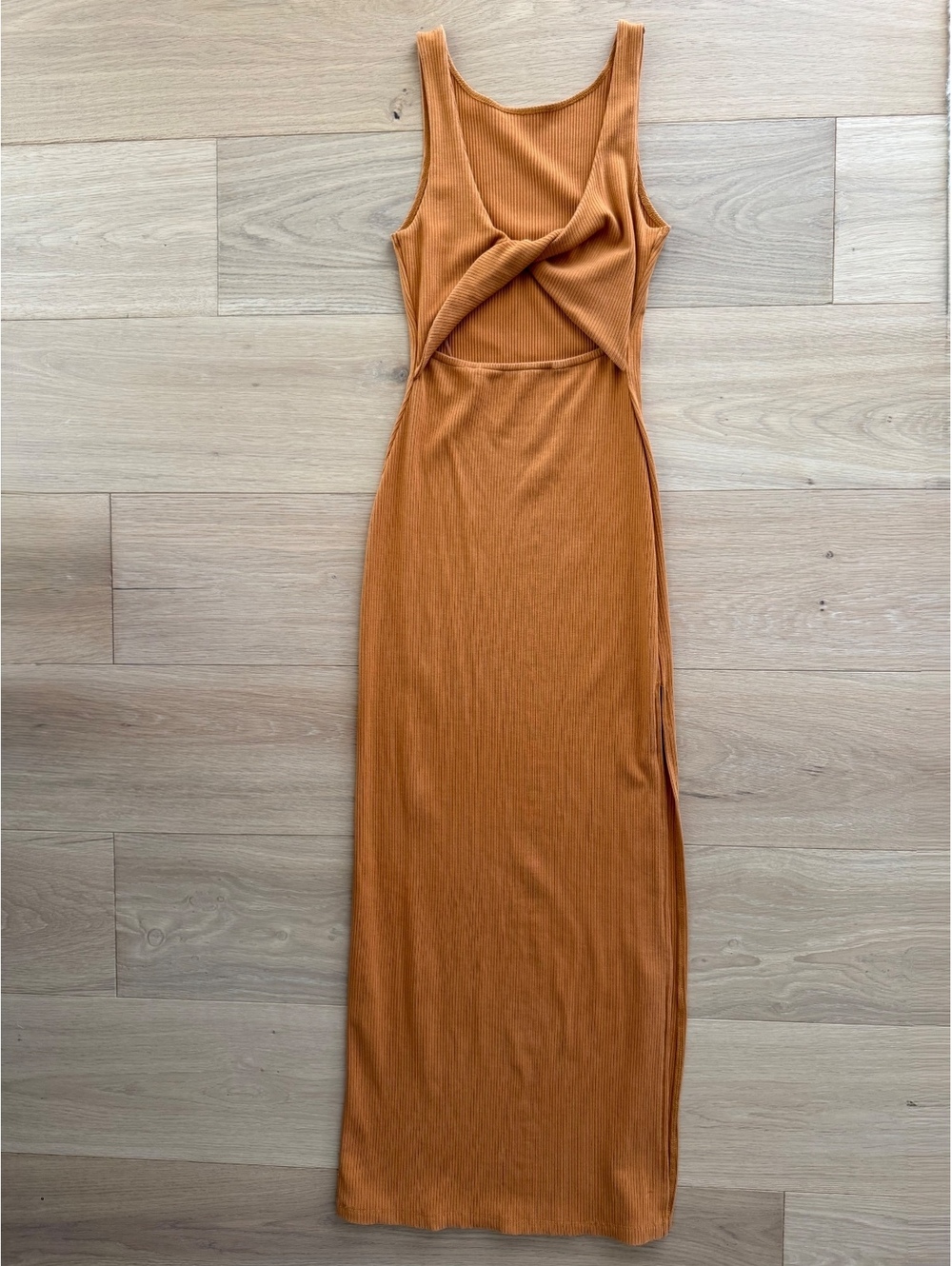 L*SPACE Nico Midi Dress Inka Gold XS Ribbed Twist Front Cutout Bodycon